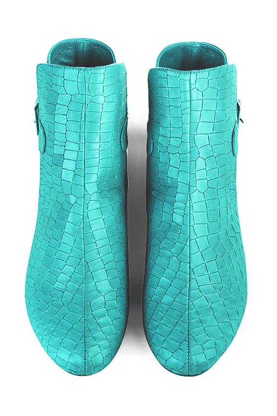 Aquamarine blue women's ankle boots with buckles at the back. Round toe. Flat block heels. Top view - Florence KOOIJMAN